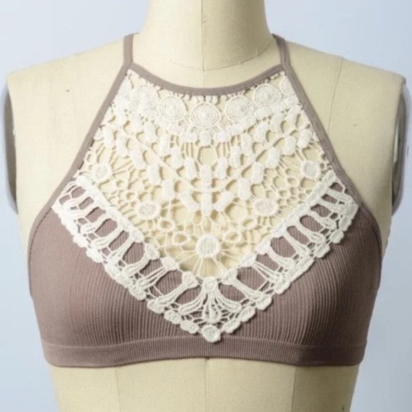 Blush Light Pink Boho Crochet Lace Detail High Neck Bralette - Picture 9 of 9